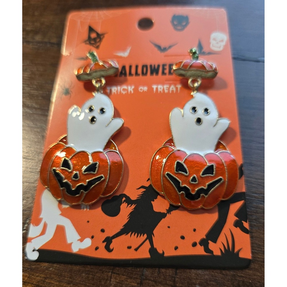 Halloween Ghost in Pumpkin Enamel Drop Earrings Orange White Gold Tone